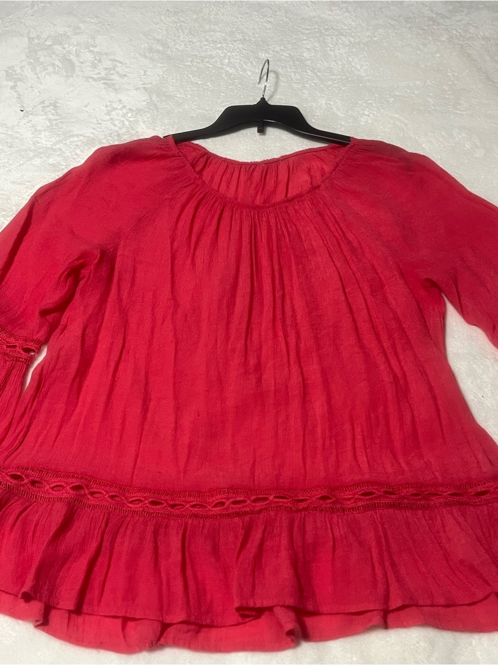 Red Peasant Tunic with Crochet Waist Detail